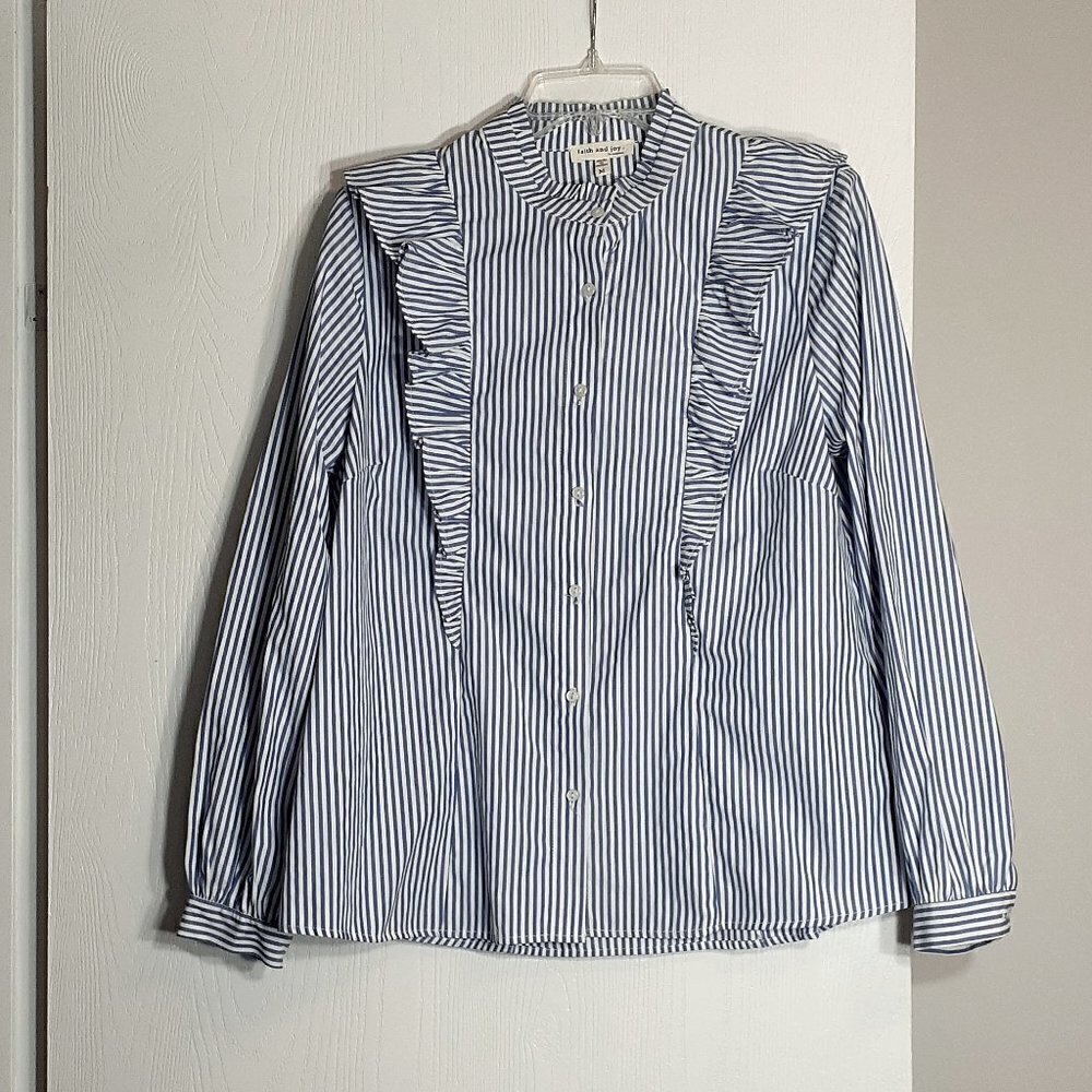 WOMEN'S FAITH & JOY Long Sleeve Blouse w Ruffles; Blue Stripe; Size M